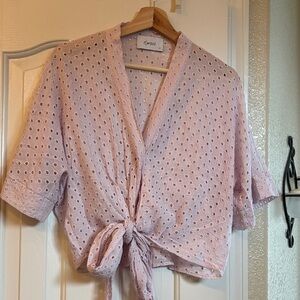 eSmaee Light Pink Eyelet Tie-Front Cotton Blouse